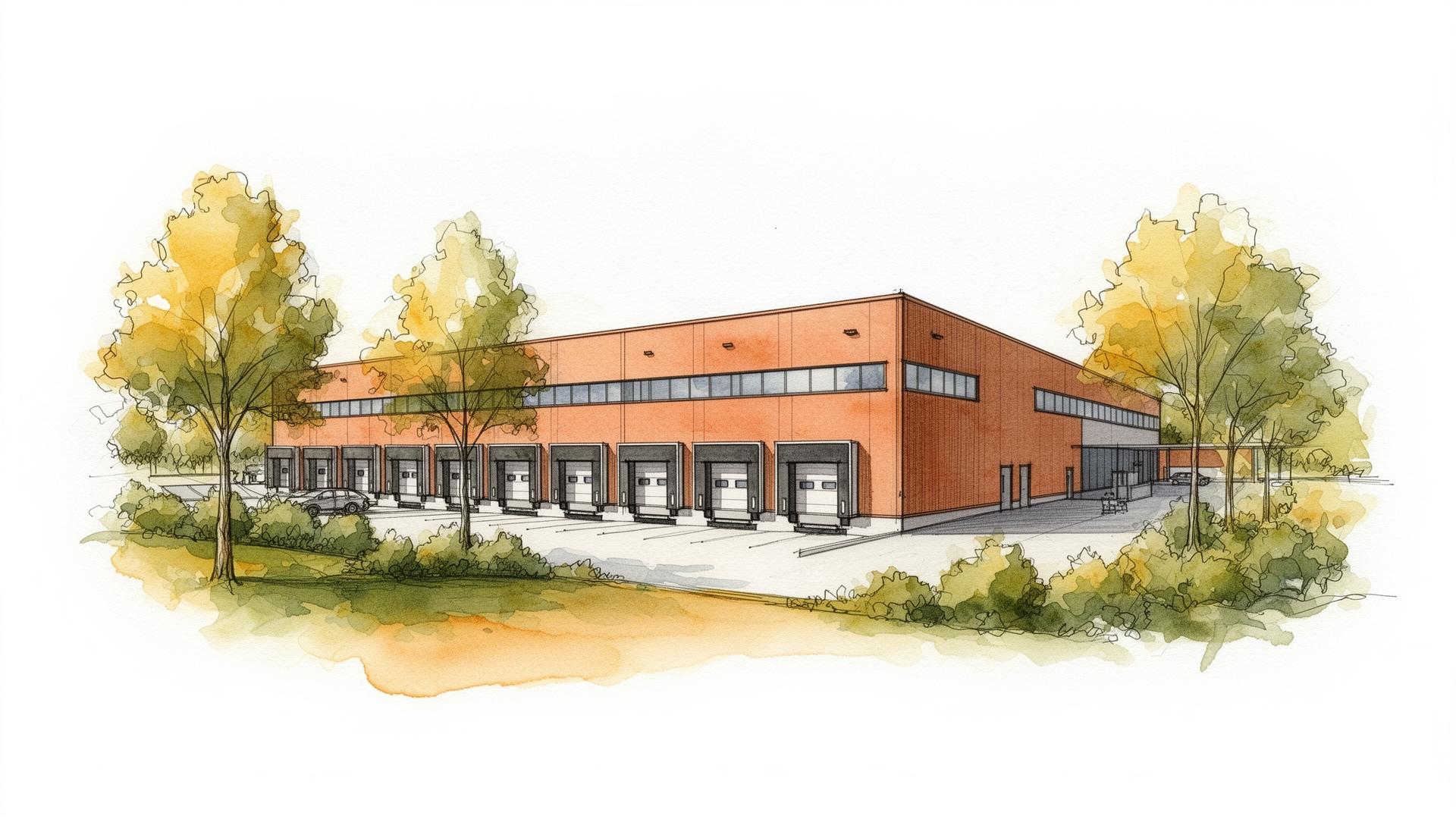 Akvarellillustration av en modern logistikfastighet